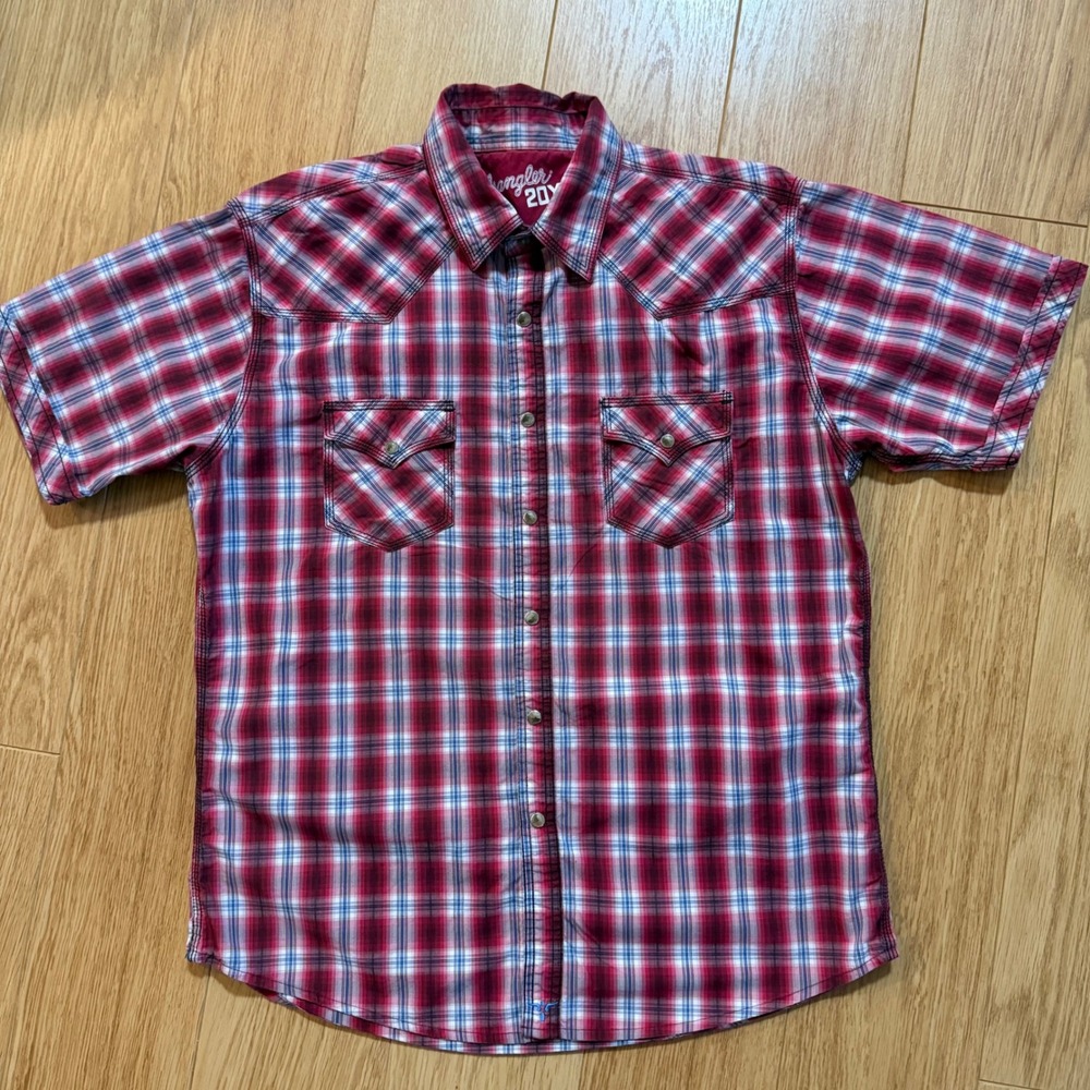 Wrangler 20X Western Snap Shirt Men Large Red‎ Plaid Short Sleeve Retro Coton